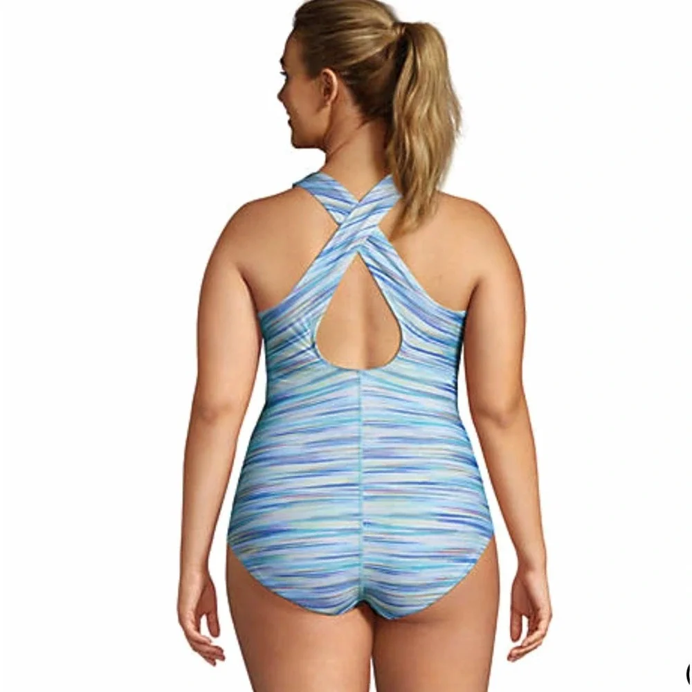 Lands End One Piece Swimsuit X-Back Plus Sz 18 W Colorblock Blue‎ Yellow Modest